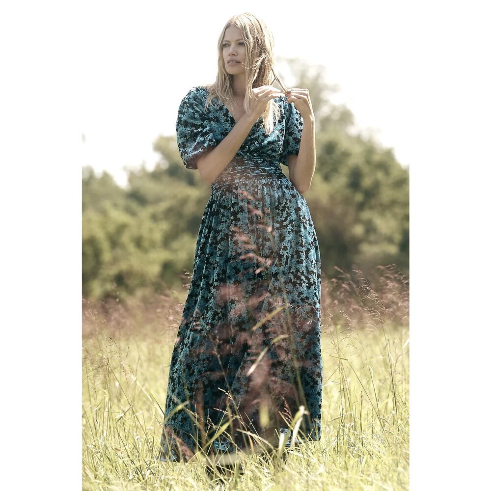 nwt by ANTHROPOLOGIE sz XL The Katerina Button Front dress blue green velvet